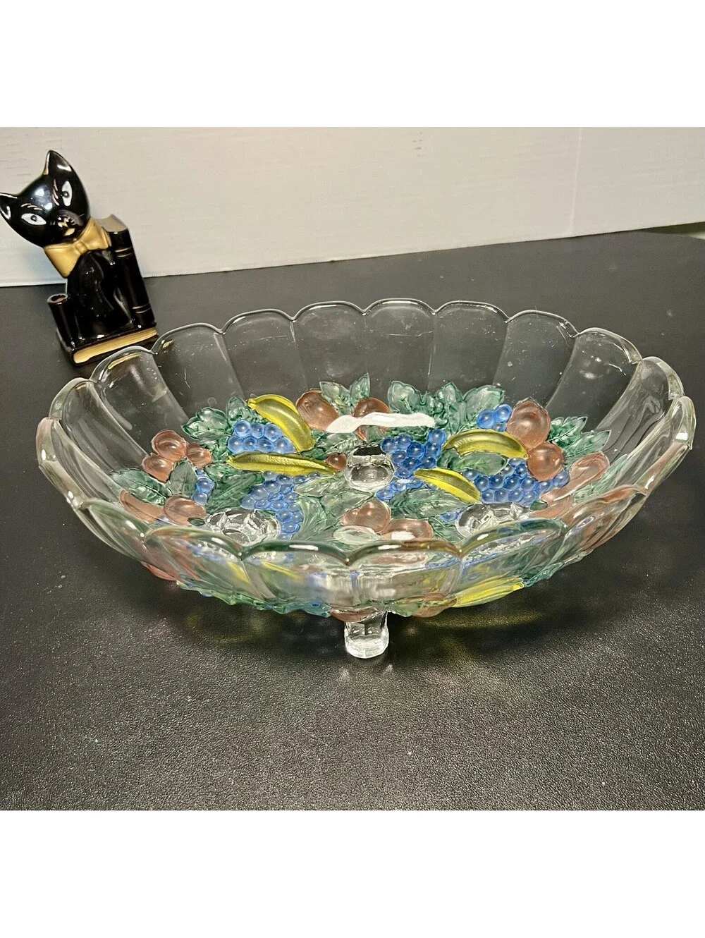 Indiana Glass 1960s Garland Flashed Fruit Oval Three-Footed Bowl, 12x8.5x4.5”